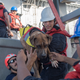Sailors help Zeus, one of twos dogs who were accompanying two mariners who were aided by the amphibious dock landing ship USS Ashland.(U.S. Navy photo by Mass Communication Specialist 3rd Class Jonathan Clay/Released)